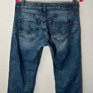 Y2K SILVER JEANS women's sam skinny mid rise faded embroidered jeans, 27/28.